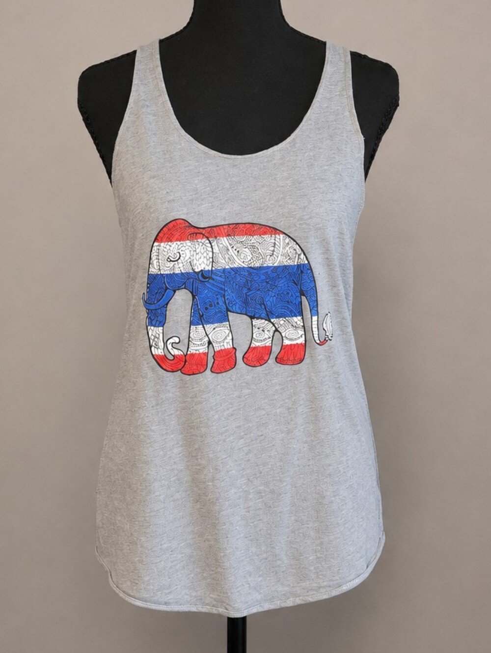 Gray Tank with Red, White & Blue Elephant Graphic